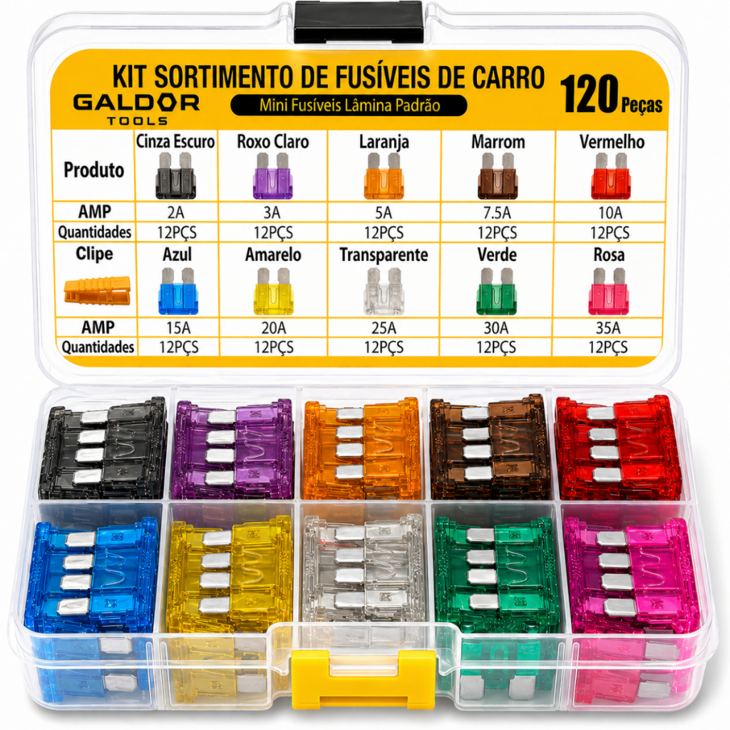 Mini Fusível Lâmina Kit 120 Peças Sortido Universal Automotivo Carro Moto Caminhão Proteção Elétrica Colorido Completo