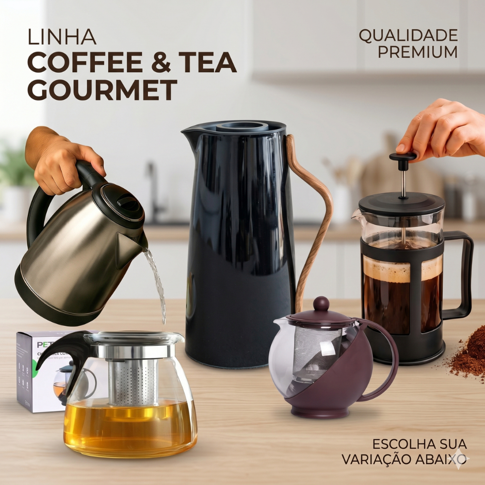 🔥 Kit Café Chá Gourmet: Cafeteiras Francesas, Chaleiras Elétricas, Bules com Infusor e Garrafa Kyoto