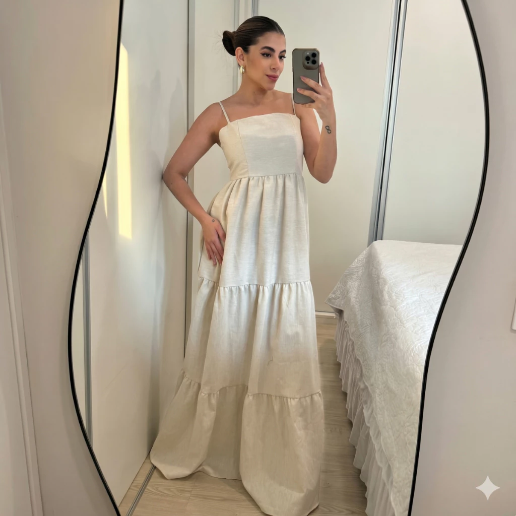 Vestido Longo de Linho Alca a Ajustavel 3 Marias Festa Elegante — imagem 1