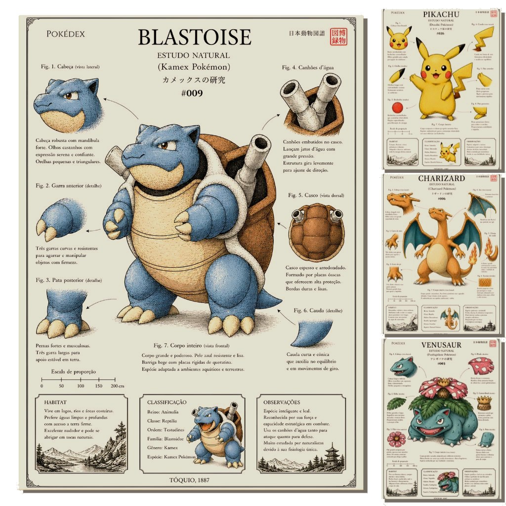 Kit 10 Posters Pokemon Vintage Biologia Pokedéx - Pikachu Snorlax Charizard Blastoise Lugia Venusaur