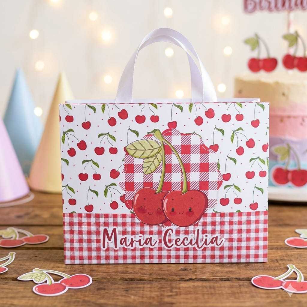 Sacolinha Personalizada Cerejinha 🍒 | Lembrancinha Festa Infantil com Nome e Idade | Pegue e Monte Fácil