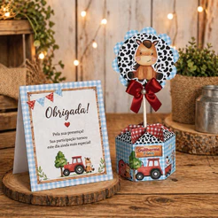 Kit Centro de Mesa e Cartão Plaquinha de agradecimento Festa Infantil Fazendinha