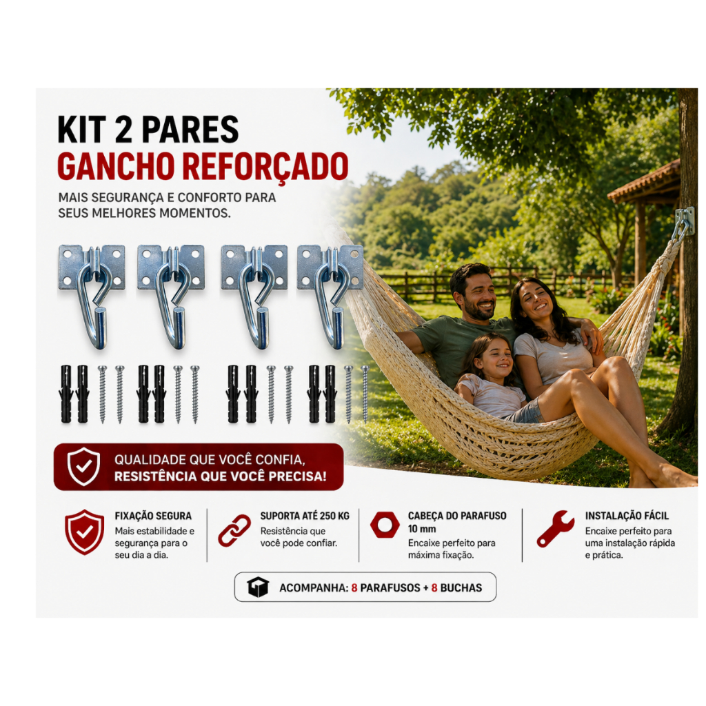 Kit 2 Pares Gancho Armador Rede Reforçado Silencioso 250 kg