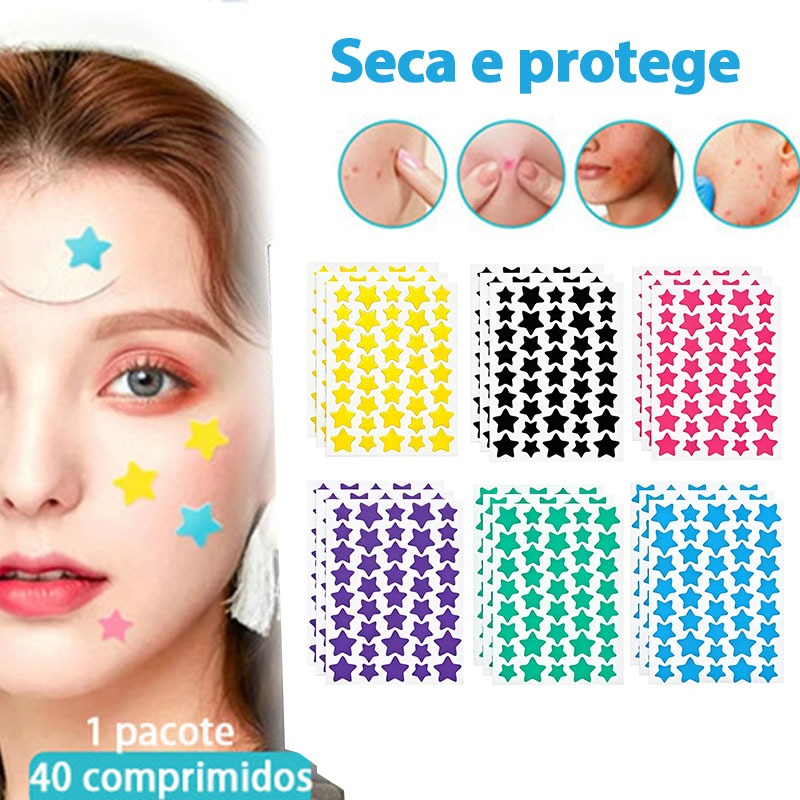 Kit 4/3/2/1 Adesivos Hidrocoloide Para Espinhas Formato Estrela Colorido – Proteção|Tratamento Antiacne e Cicatrização
