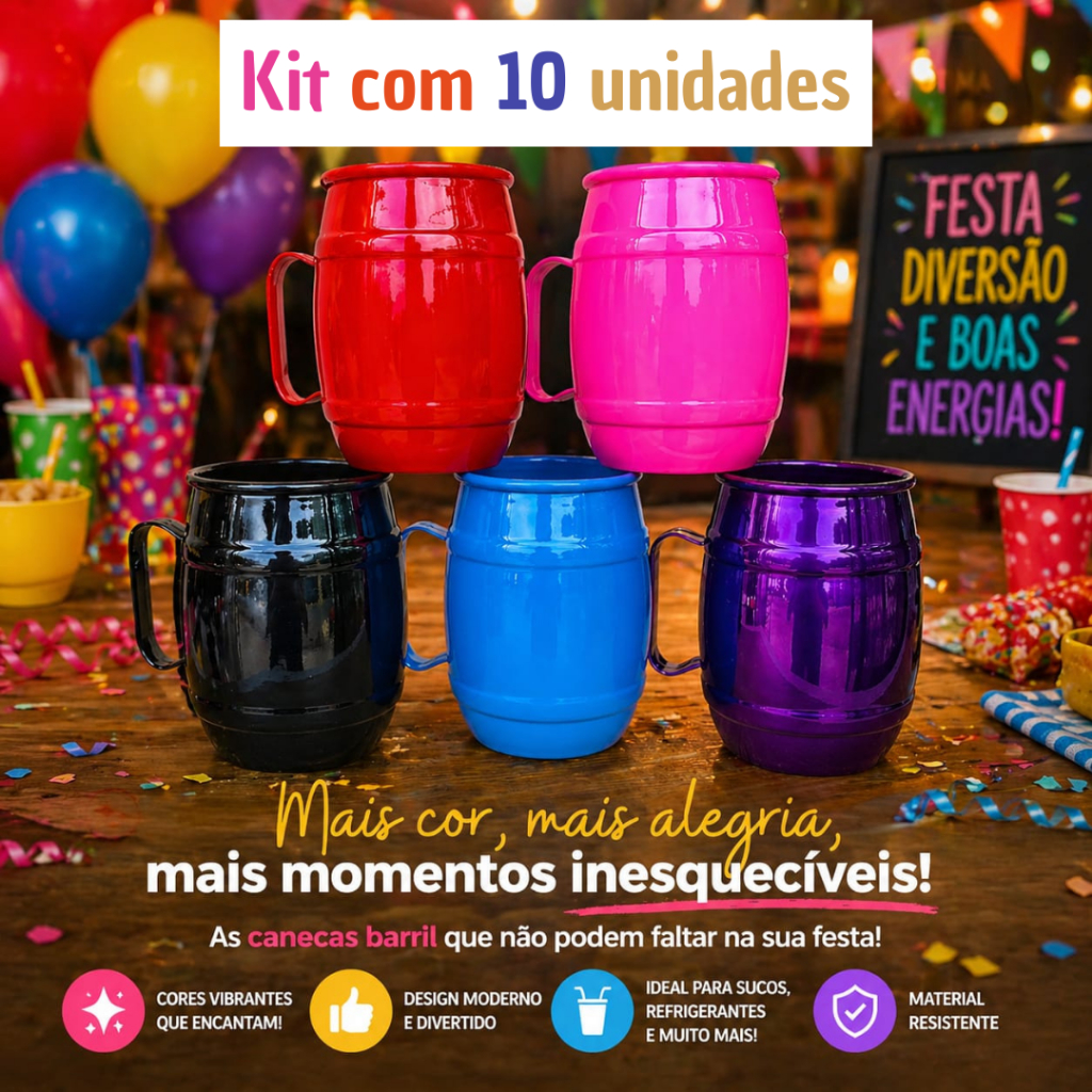 Kit 10 Canecas Bojudas Coloridas Alumínio 450ml Resistente Bebidas Geladas
