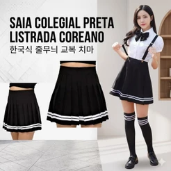 Saia colegial Preta Listrada Coreana Cosplay Kpop Pregueada moda lolita