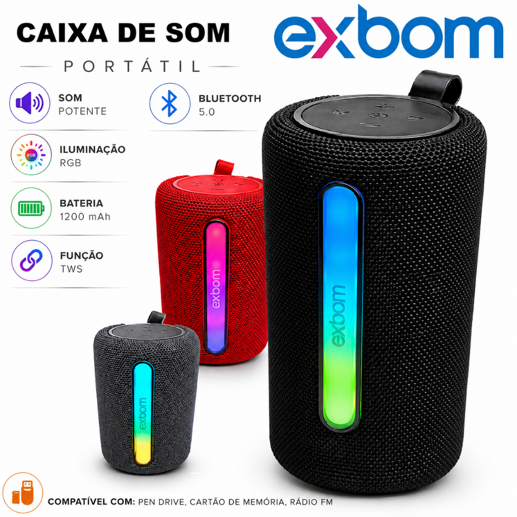 Caixa De Som Bluetooth Portátil Led Rgb 31BTL 33BTL Exbom Alto Falante Multimídia Fm P2 Usb 15w 30w