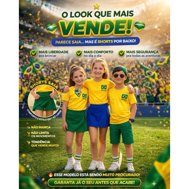 Conjunto Infantil Brasil Menino e Menina Shorts Saia e blusa Copa 8 a 16 Anos Roupa Torcida Verde Amarelo
