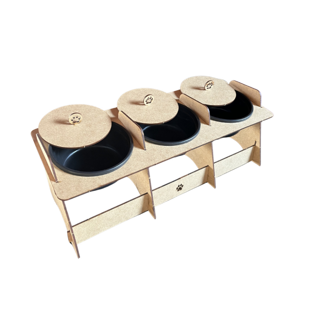 Bebedouro e Comedouro Elevado Para Gato Cachorro 36x15cm   Triplo com Tigela Removível Pet Mdf