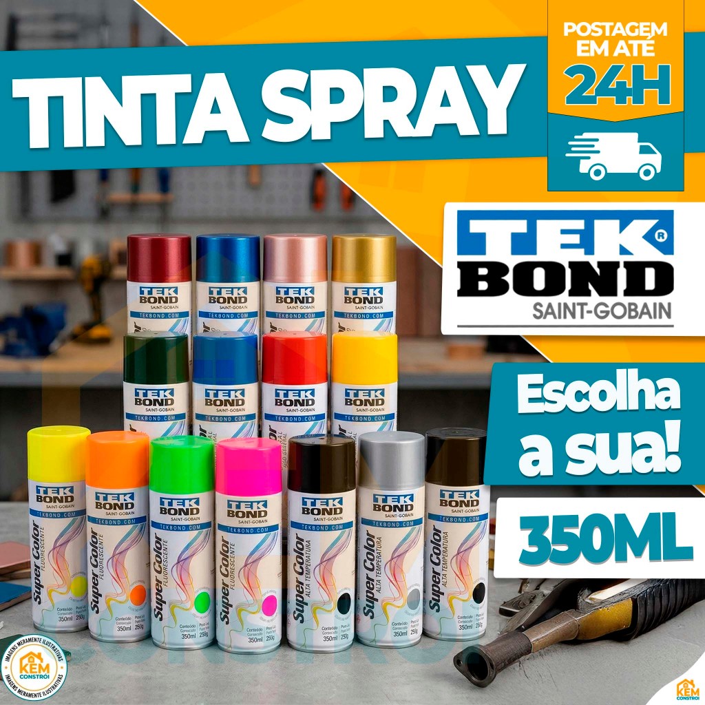 Tinta Spray Tekbond 350ml Todas as Cores Uso Geral Alta Temperatura Metálica e Luminosa Secagem Rápida
