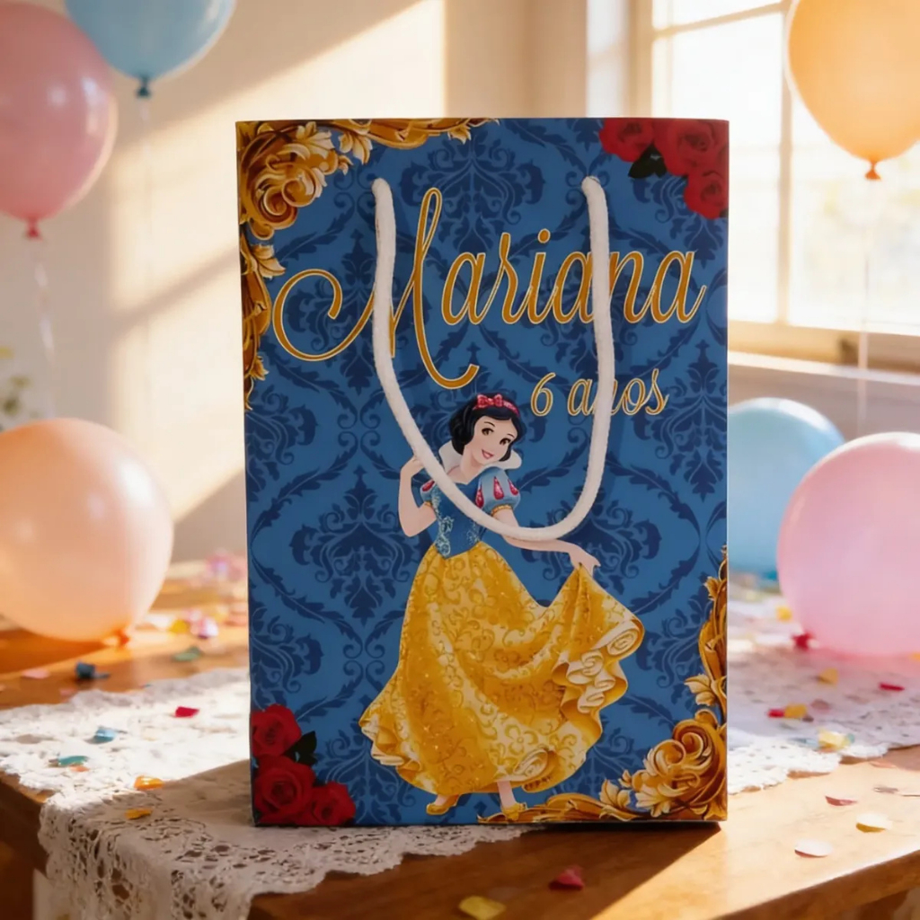 Sacola Personalizada Branca de Neve – Lembrancinha Festa Infantil com Nome e Idade (Princesa) PEGUE E MONTE