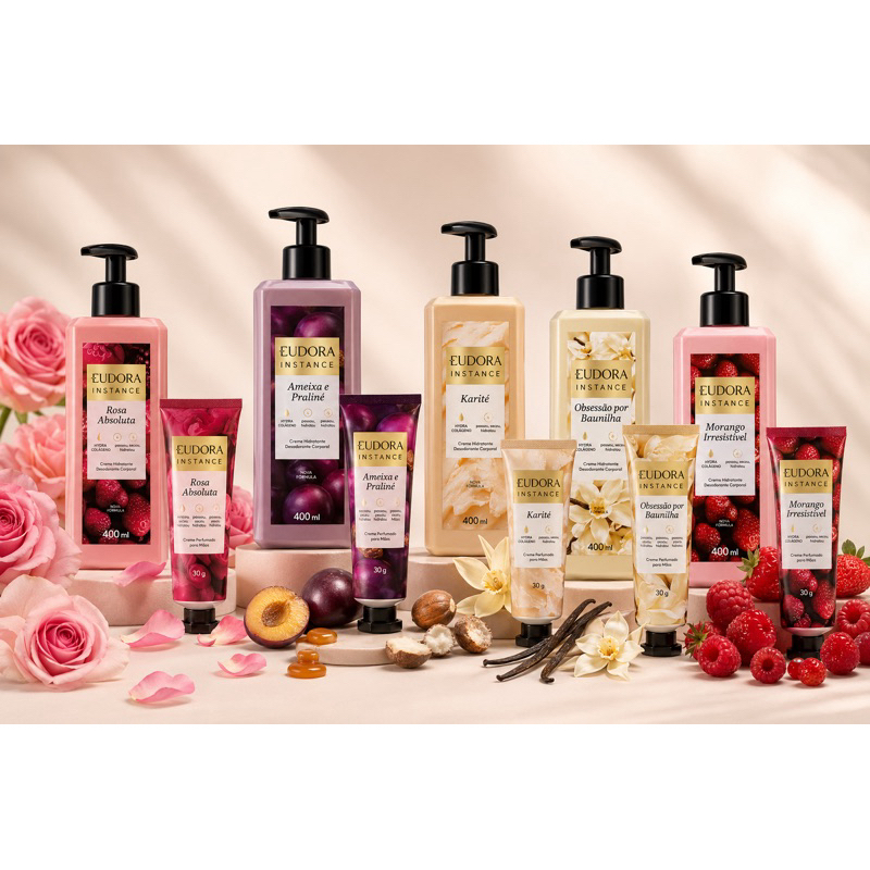 Eudora Instance Hidratante Corporal / Creme Corporal, mãos/ Refil: Frutas Vermelhas, Morango, Maracujá, Baunilha, Ameixa