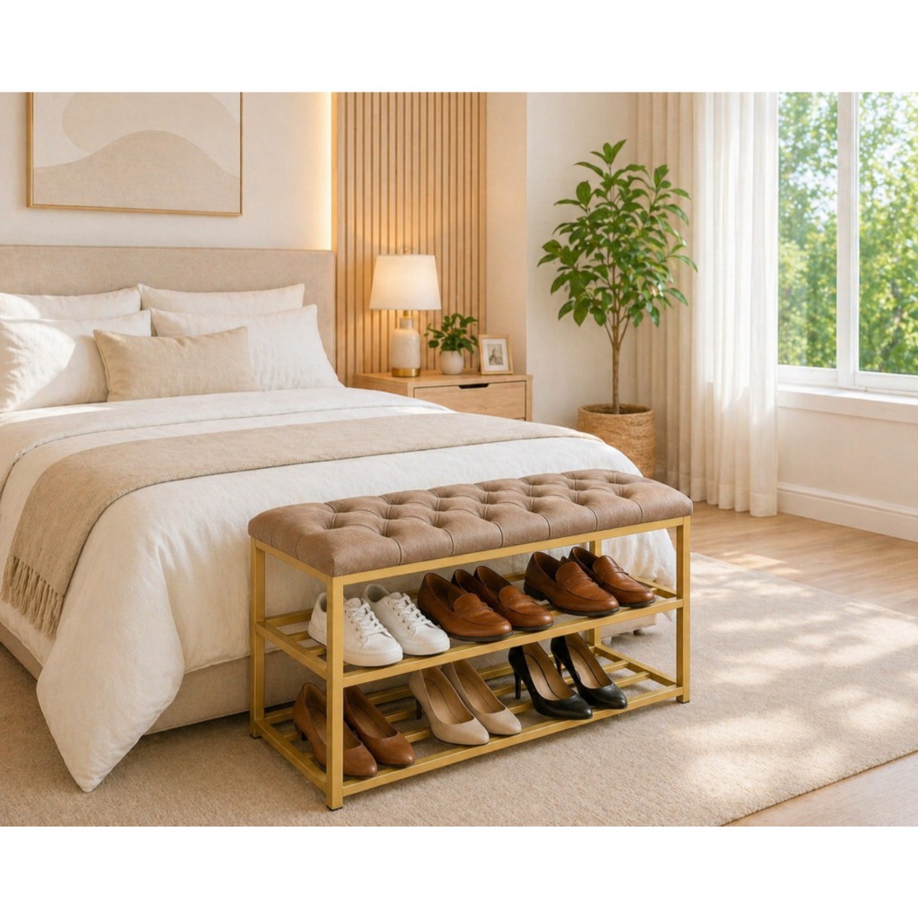 Sapateira Banco Recamier 2 Andares Puff Organizador Sapatos Para Hall Entrada Decoração Quarto Sala