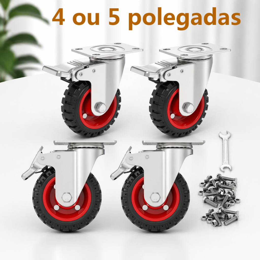 Kit 4 Rodízio Rodinha para Móveis Pesados Rodas Giratórias Borracha Com Trava Freio Giratório 600kg