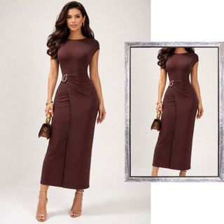 Vestido Midi Manga Transpassado com Fivela Tendência Premium