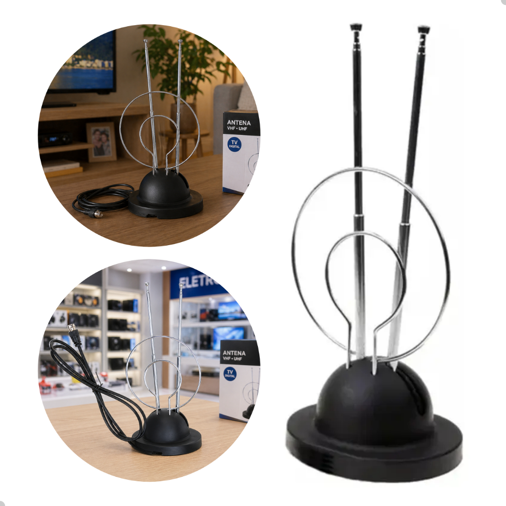 Antena Interna TV Digital VHF UHF HDTV Cabo 95cm 2 Hastes Alumínio Base Estável
