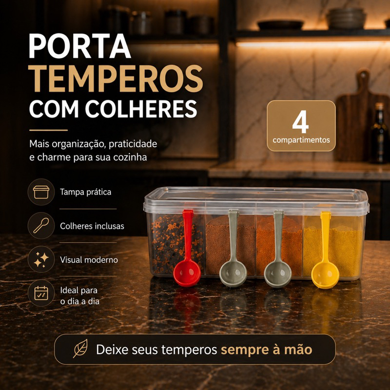 Pote Organizador Porta Temperos Porta Condimentos com 4 conchas 4 divisórias deixe sua cozinha organizada