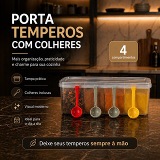Pote Organizador Porta Temperos Porta Condimentos com 4 conchas 4 divisórias deixe sua cozinha organizada
