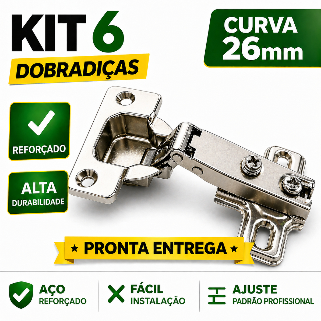Kit 6 Dobradiça 26mm Curva Armário Porta Móveis Cozinha Guarda Roupa