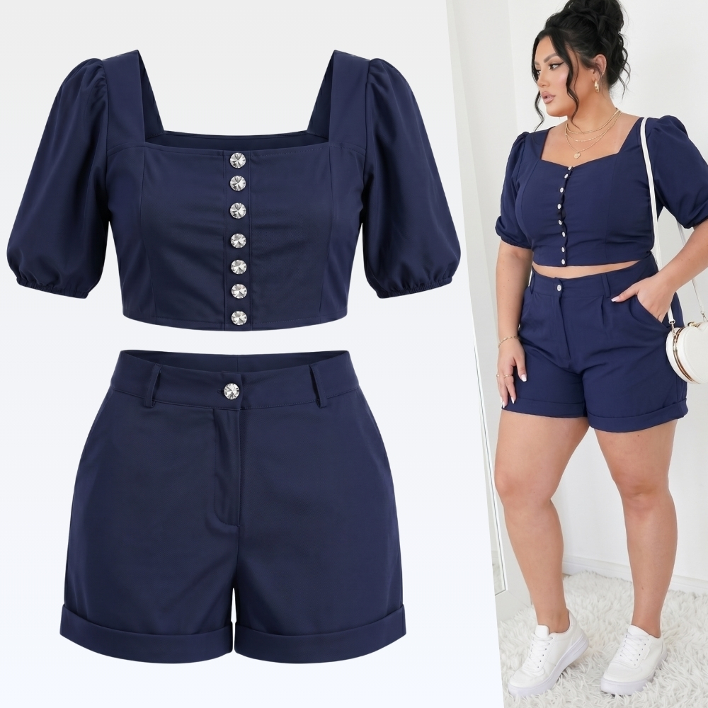 Conjunto Plus Size Feminino Short Cintura Alta e Cropped Elegante Blusa Casual Top Luxo Bermuda Confortável 46 ao 56