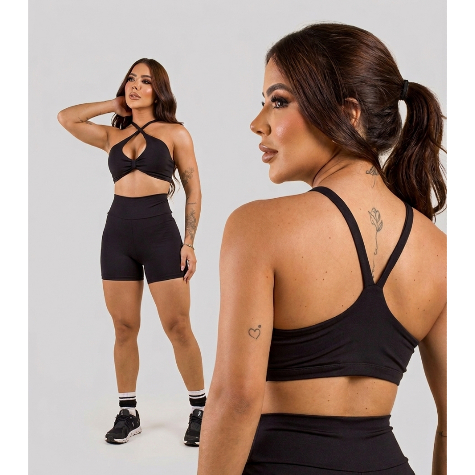 Conjunto de Top + Short de Treino Feminino Academia Cintura Alta Caminhada Corrida Crossfit Sem Transparência