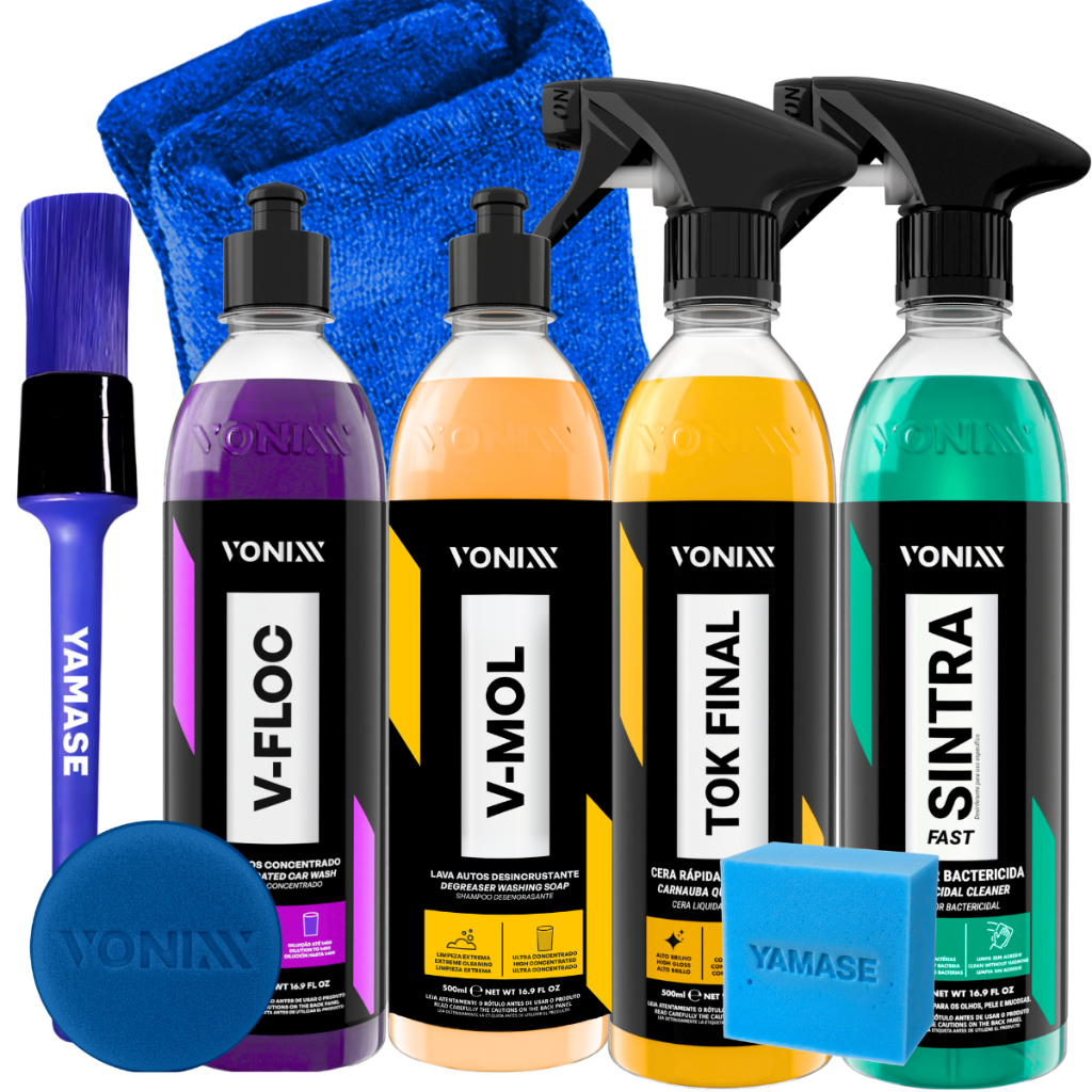 Kit Lavagem Automotiva Vonixx V-Floc + V-Mol + Sintra + Tok Final + Pincel e Pano Limpeza Carro