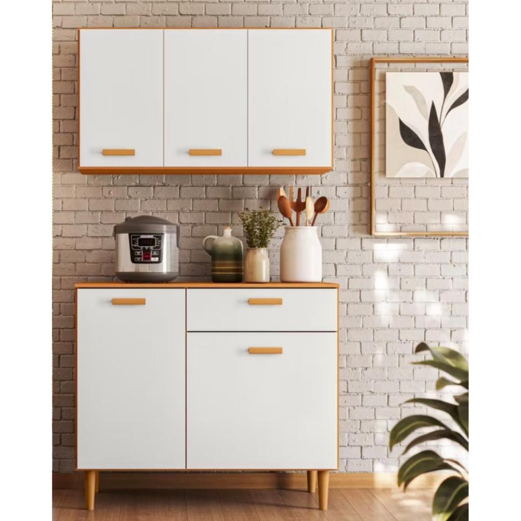 KIT DE ARMÁRIO PARA COZINHA COMPLETA E MODERNA C/ AÉREO + BALCÃO 90cm COMPACTA - 5 Portas 1 Gaveta Com Tampo - KIT ESTER
