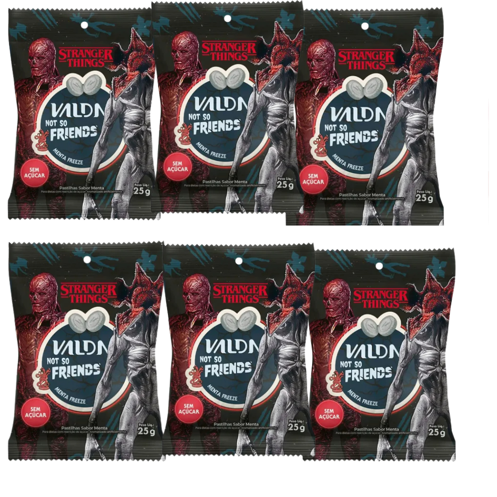 Kit C/6 Pastilhas Valda Stranger Things Friends Sachê Sabor Menta Freeze 25g