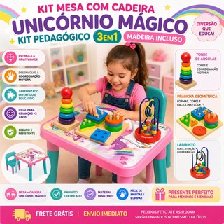 KIT MESA INFANTIL UNICÓRNIO C/ CADEIRA + KIT PEDAGÓGICO 3EM1 MADEIRA EDUCATIVO SENSORIAL ESPAÇO KIDS