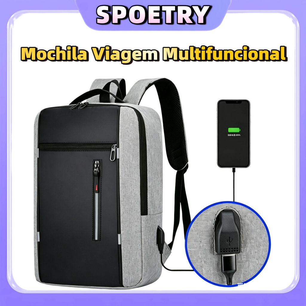 Mochila Viagem Executiva Expansível 45L Impermeável USB Masculina e Feminina Reforçada para Notebook