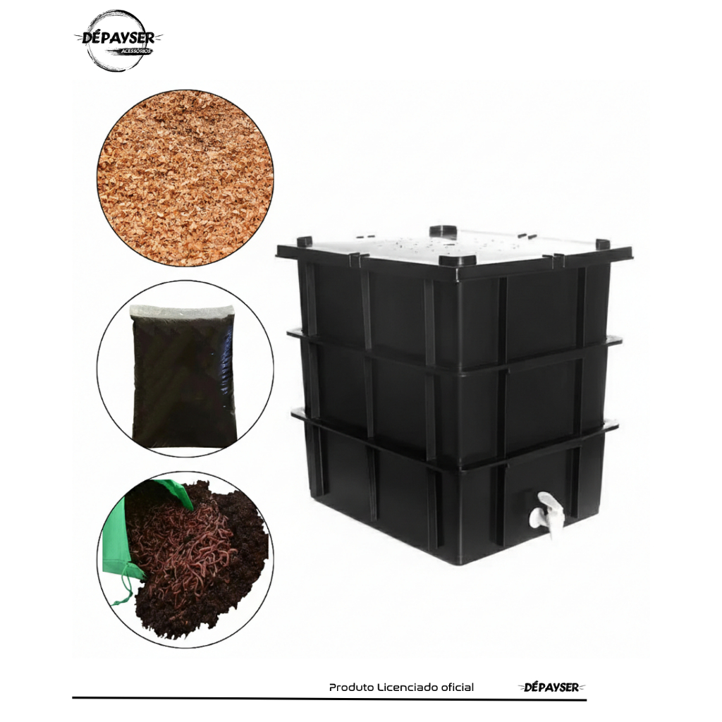 Composteira Doméstica 45L 3 Módulos com Minhocas Torneira Húmus de Minhoca Completa Preta Depayser