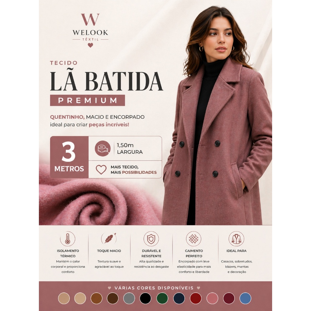 Lã Batida Premium 3 Metros 1,50m Largura | Tecido Quentinho e Encorpado - Várias Cores