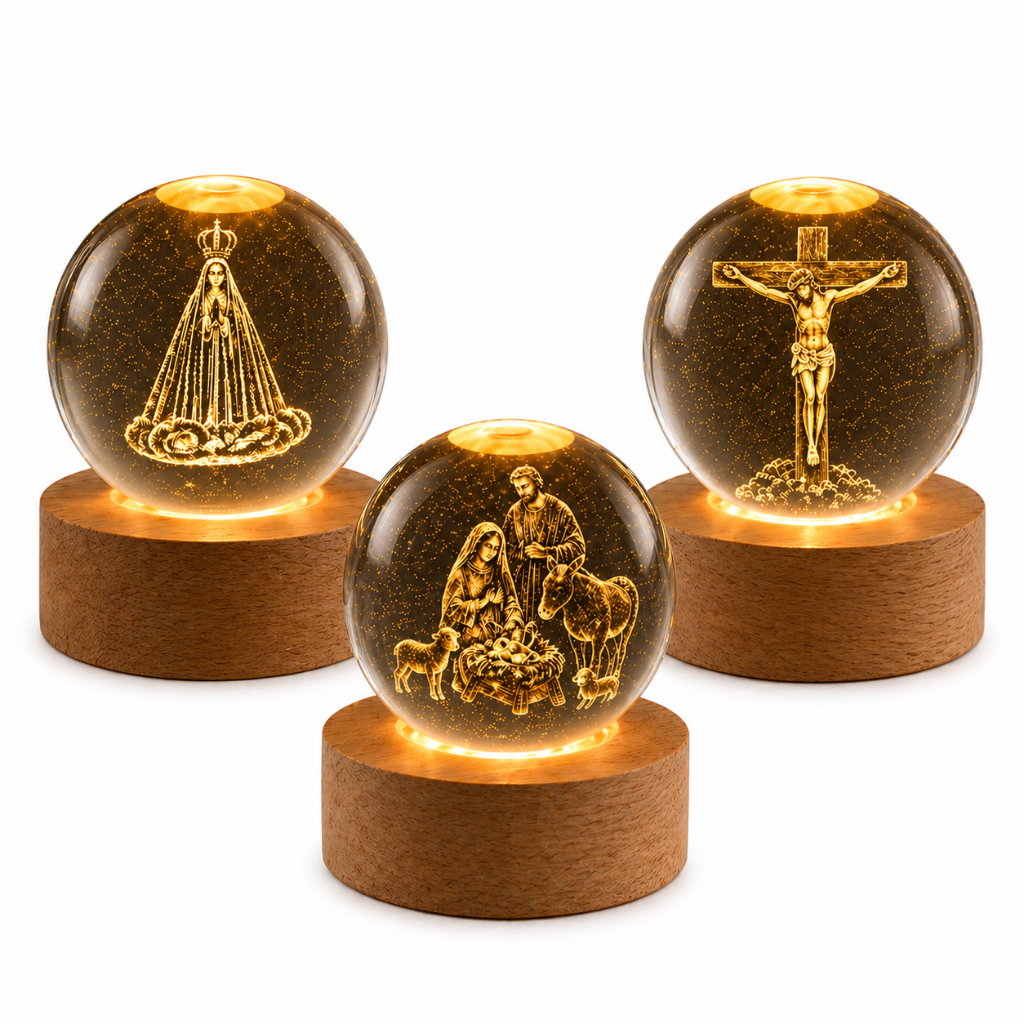 Luminária de Mesa Bola de Cristal Abajur para Sala Vintage Base Madeira Jesus Cristo 3D USB Bíblia