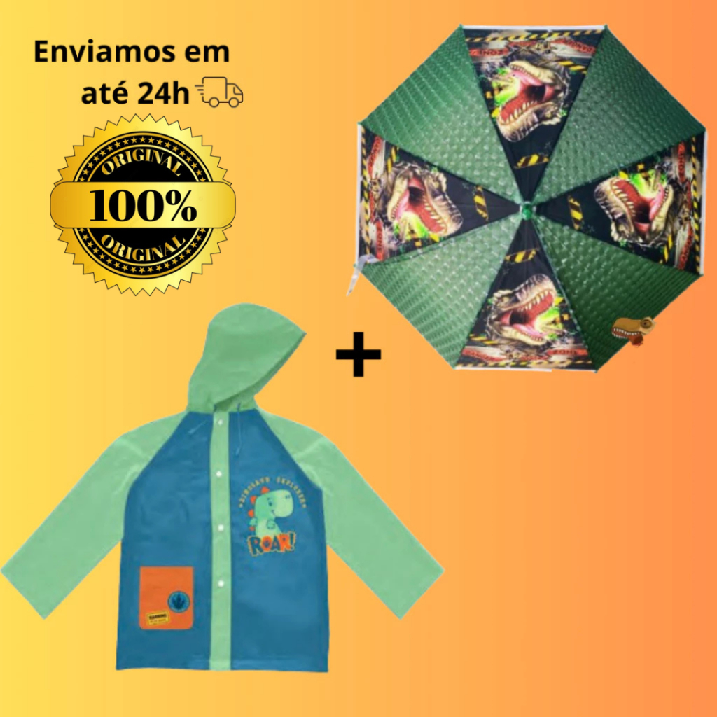 Kit Capa + Guarda-Chuva Dinossauro C/ Apito