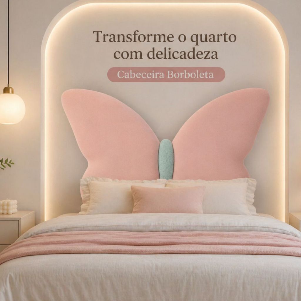 Cabeceira Queen Borboleta 125x180cm Estofada Rosa Para Cama Box Casal ou Queen Tecido Bouclê Rosa E Erva Doce