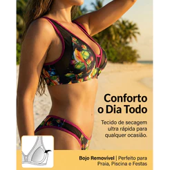 Biquíni Estampada Asa Delta Tule com Bojo Removível Proteção UV e Lançamento Ref.: 153-74