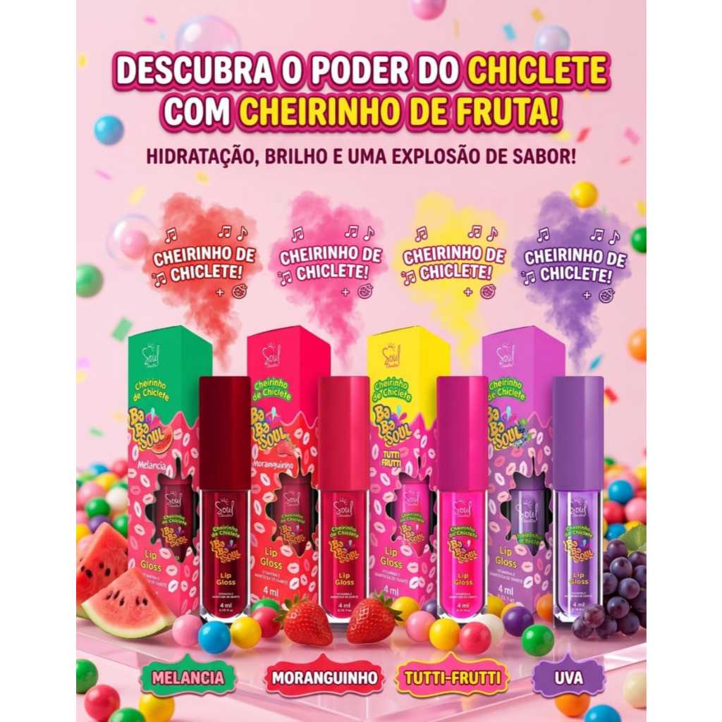Lip Gloss Hidratante Batom Babasoul  sabor bubbaloo chicletes sabores