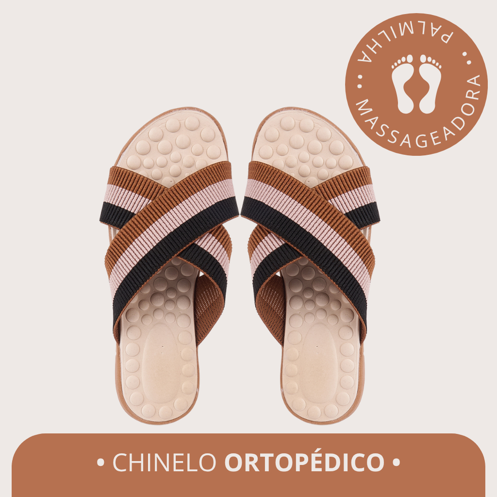 Chinelo Ortopédico Feminino com Tiras Elásticas Tricolor Super Conforto com Palmilha Massageadora