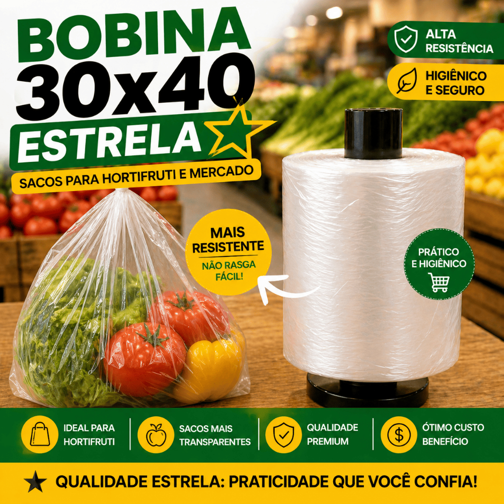 Bobina Picotada 30x40 Estrela  Alta Resistência | Não Rasga Fácil | Hortifruti e Mercado