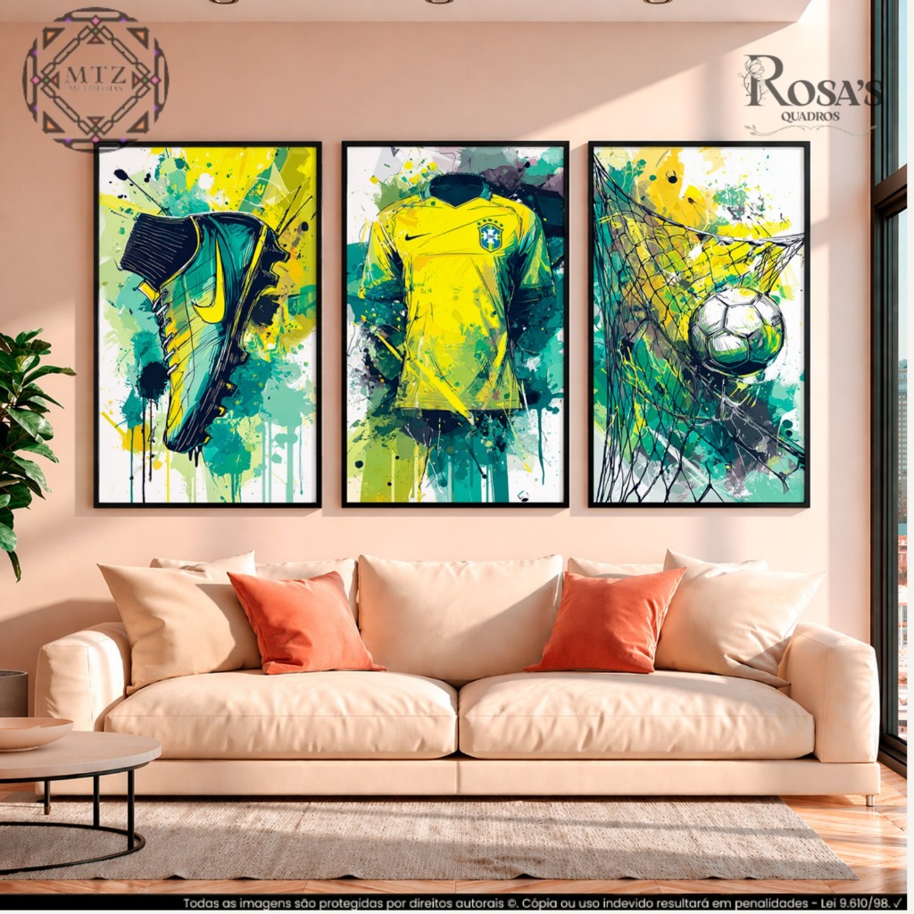 Kit 3 Quadros Decorativos Futebol Seleção Brasileira Brasil Camisa 10 Sala Quarto Mdf Decorativo