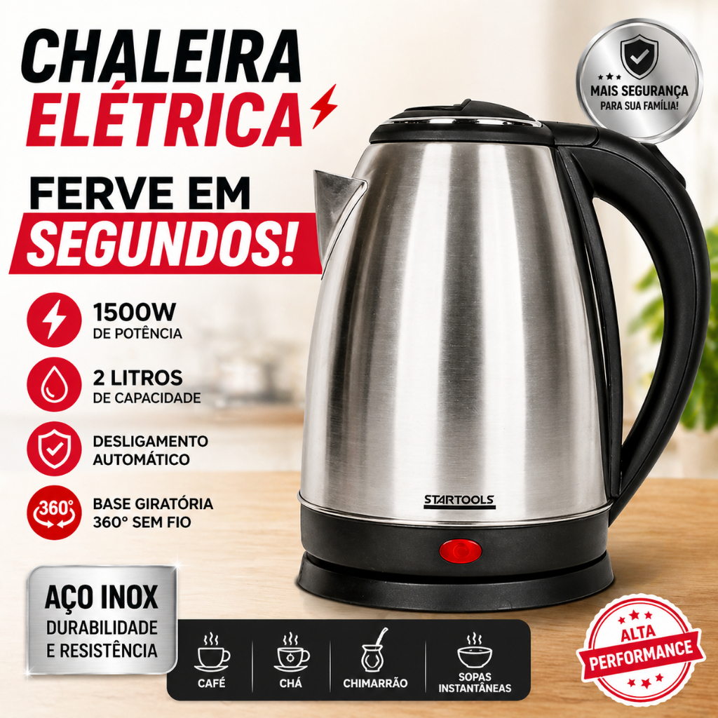 Imagem Chaleira/ Cafeteira Elétrica Inox 2L 1500W Base 360° Desligamento Automático Ferve Rápido 127V/220V