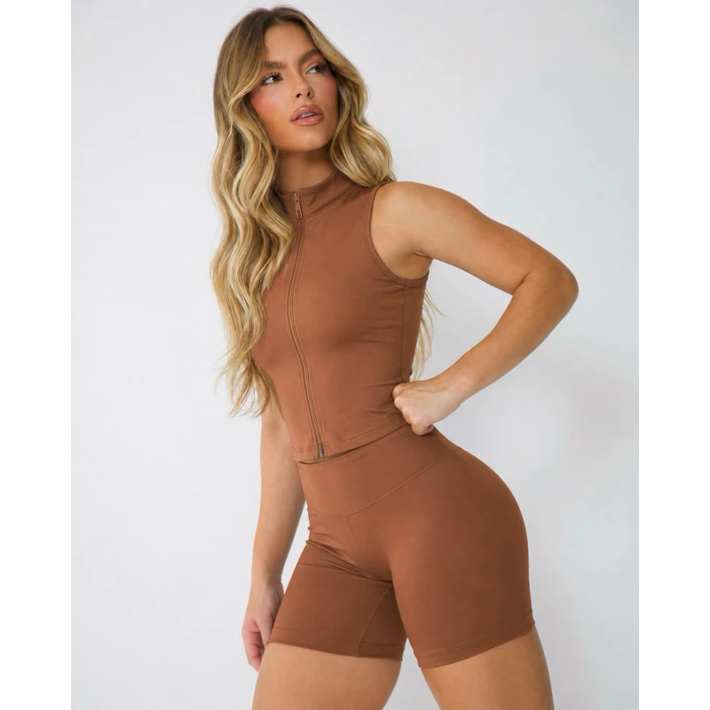 Conjunto Fitness Feminino Marrom Regata com Zíper + Short | Suplex Power — imagem 1
