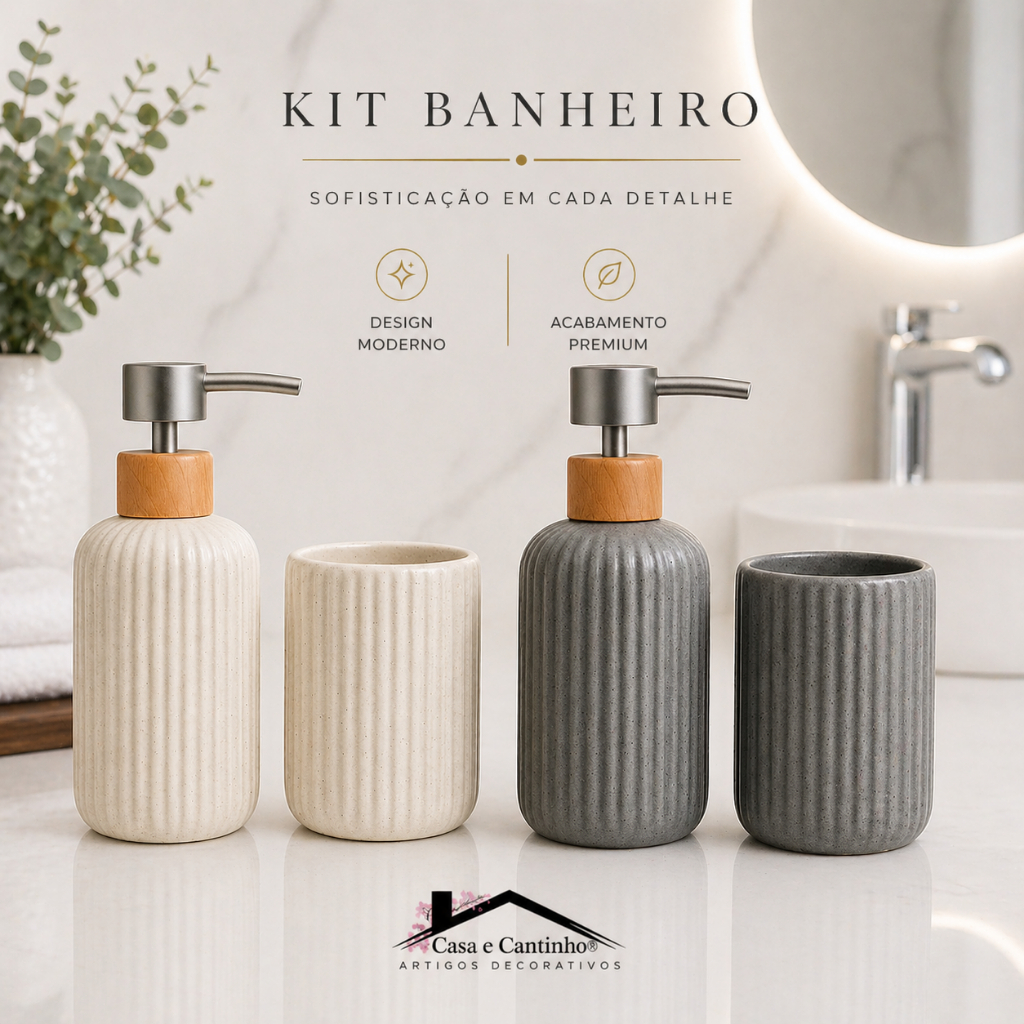 Kit Banheiro 2 Peças Lavabo Porta Dupla Sabonete Líquido Dispenser Porta Escova Decoração
