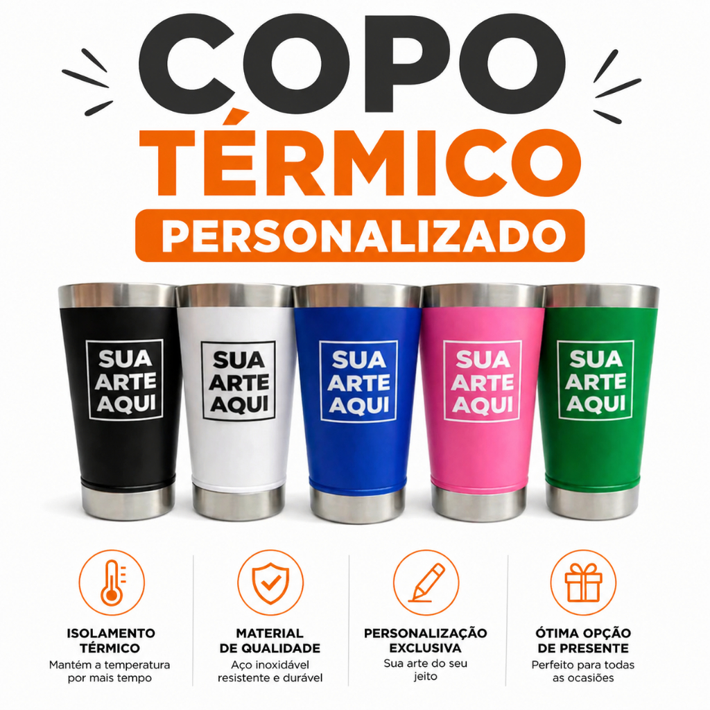 Copo Térmico Personalizado 473ml Inox | Nome, Logo ou Time | Presente Criativo + Gravação a Laser
