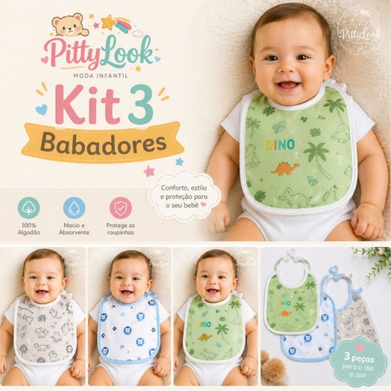 Kit 3 Babadores Impermeáveis Bebê | Laváveis, Confortáveis e Resistentes
