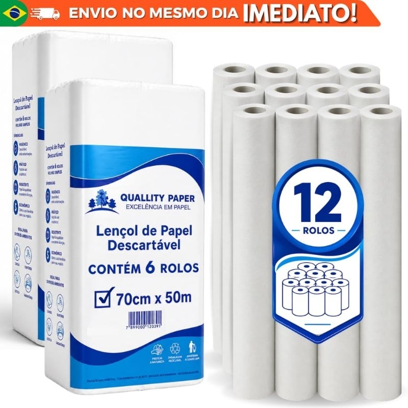 kit 12 rolos Lençol Descartável Papel Hospitalar Maca rolos 70 cm x 50 mts