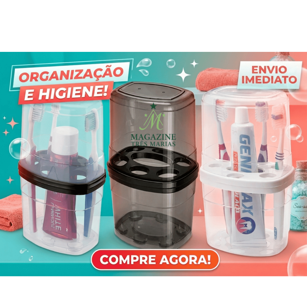 Porta Escova De Dentes Com Tampa e Divisórias Transparente 20cm Para Pia Banheiro