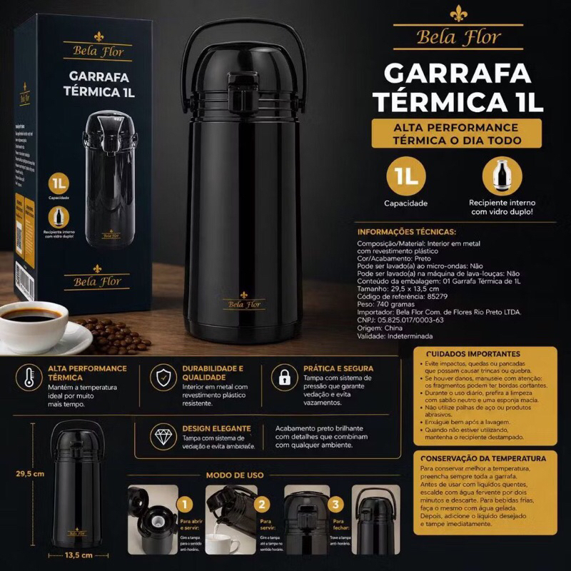 Garrafa Térmica Café Chá Água Quente e Gelada Preta Tampa Pressão Anti Vazamento Alta Conservação de Temperatura