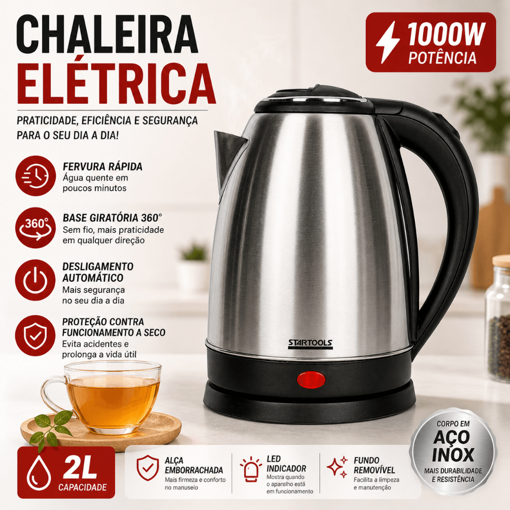 Chaleira Elétrica 2L 127V Inox 1000W Jarra Elétrica Fervedor Base 360° Desligamento Automático