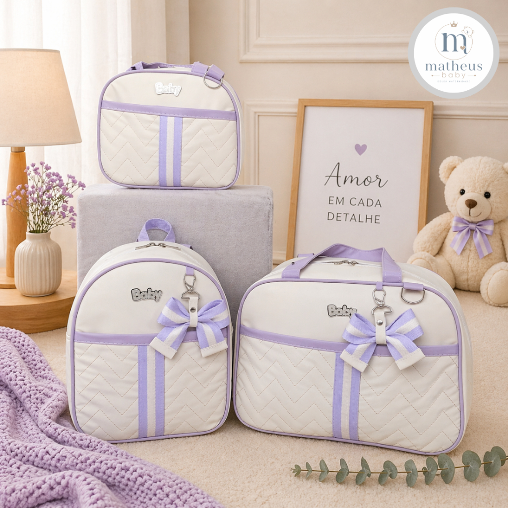 Bolsa Maternidade Grande + Bolsa Media + Mochila de bebe Menina Impermeável 3 Peças Enxoval